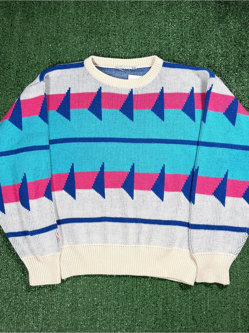 Womens Vintage 90s Abstract Geometric Color Block Knit Sweater Medium